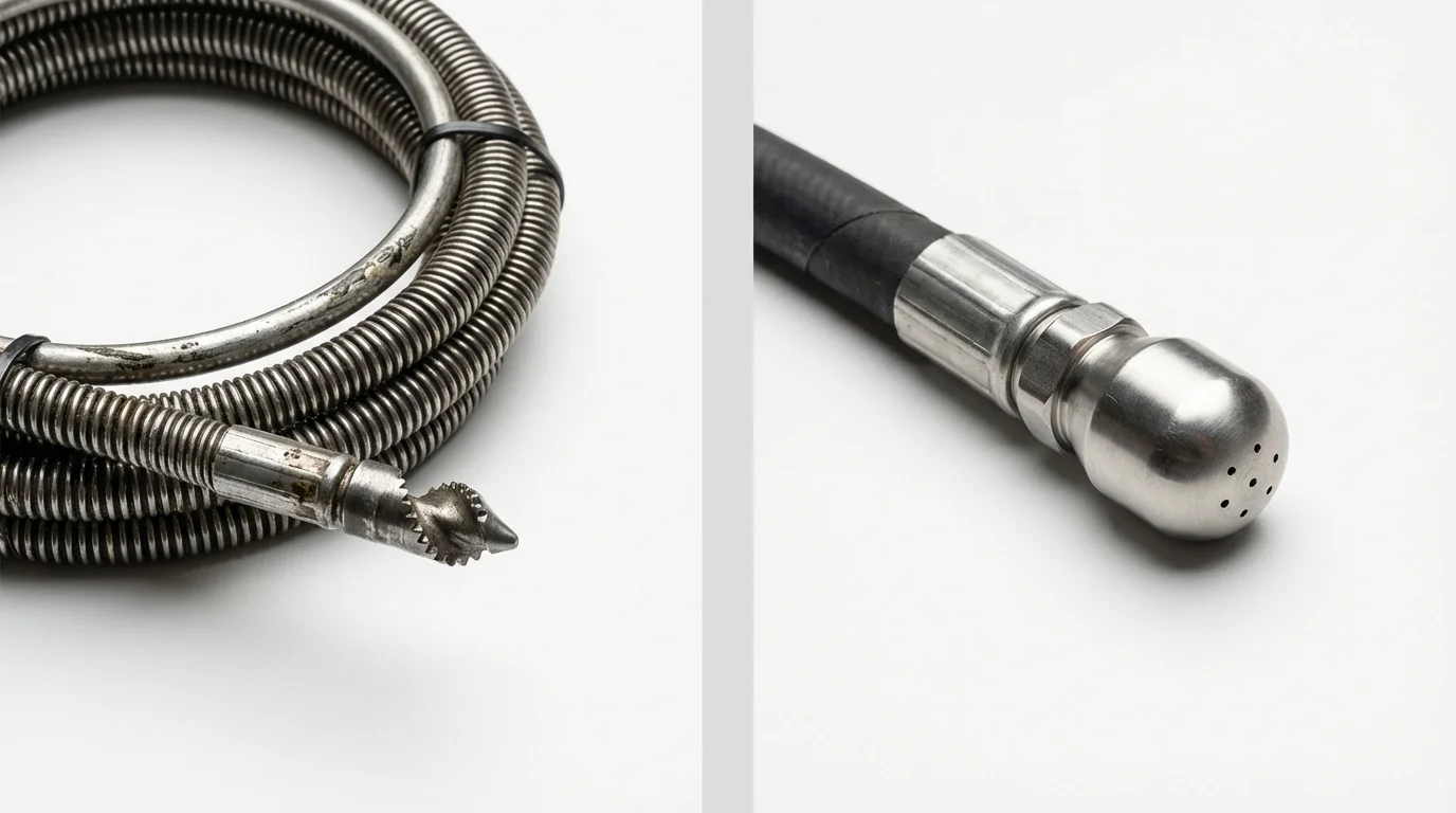 Drain snake cable and hydro jetting nozzle used for drain cleaning in Easton, CT