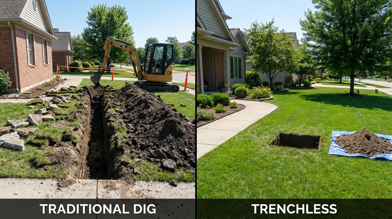 Trenchless sewer repair with minimal yard damage versus traditional excavation in Easton, CT