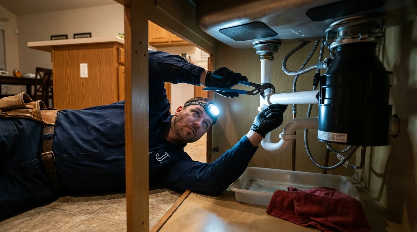 P-trap and supply line connections under a kitchen sink showing a common leak point in Easton, CT